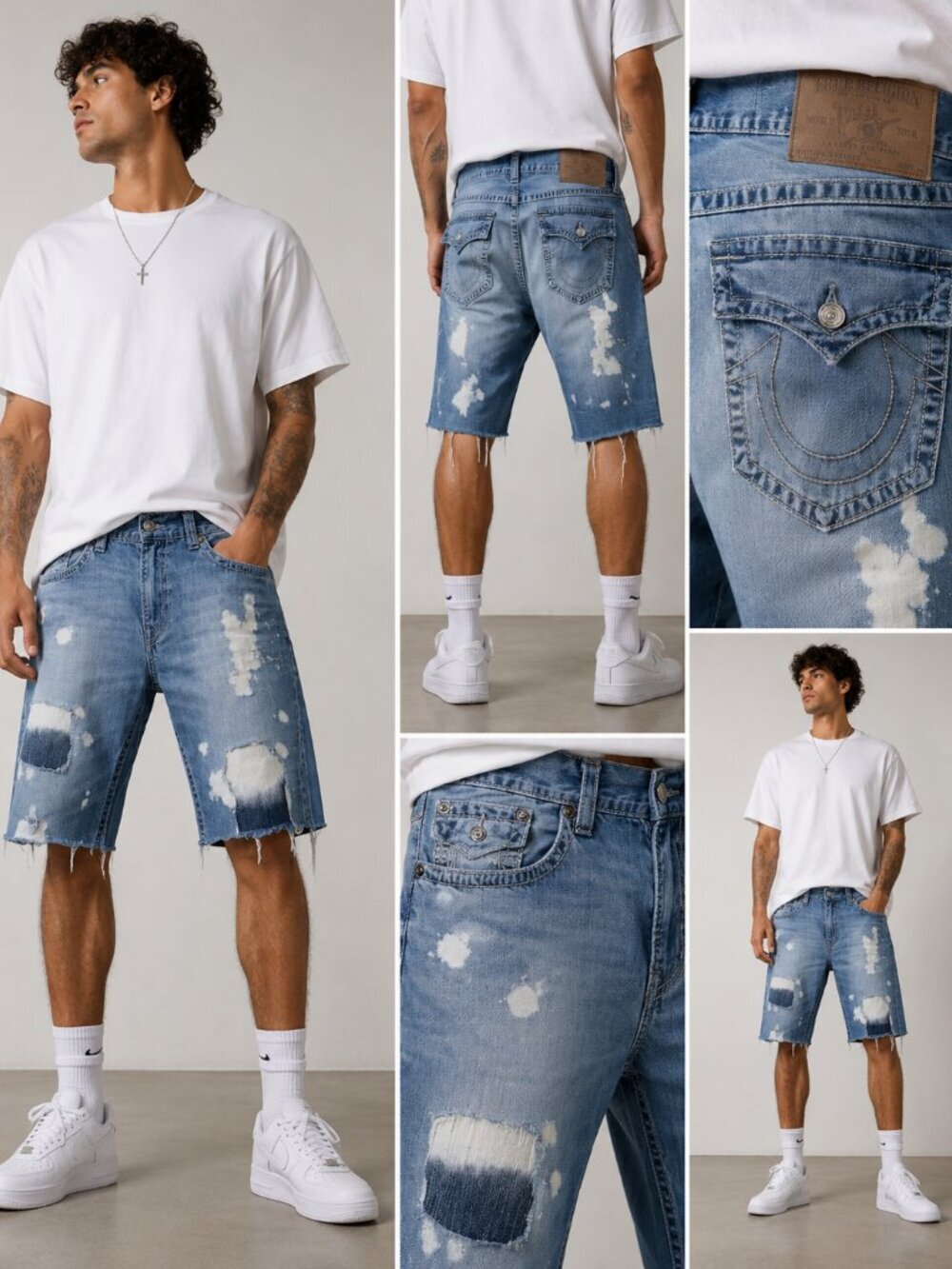 True Religion Mens Jorts Distressed Blue Denim Shorts Y2K Raw Hem Cutoff